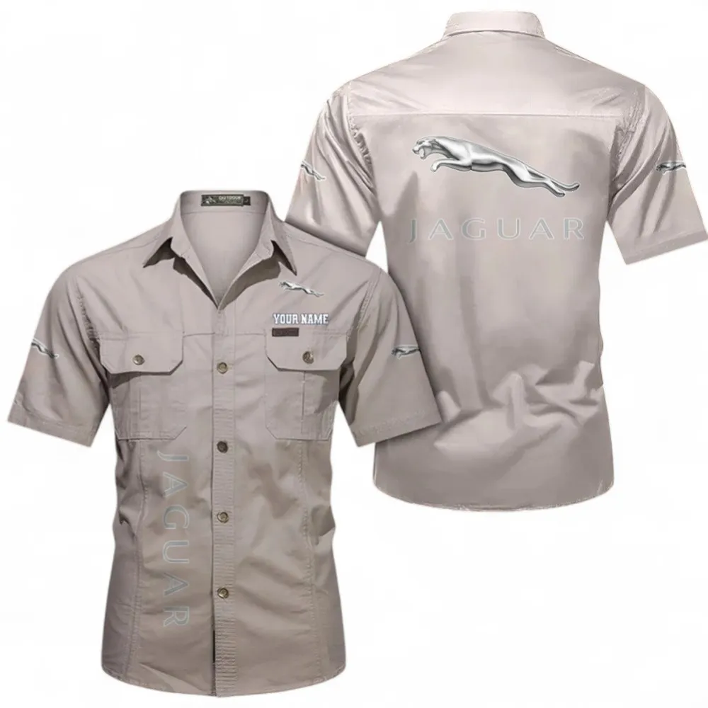 Sporty Car Short Sleeved Shirt, Button up Shirt Exclusive Logo For Car Owners, Custom Name CAR392072125797-Beige