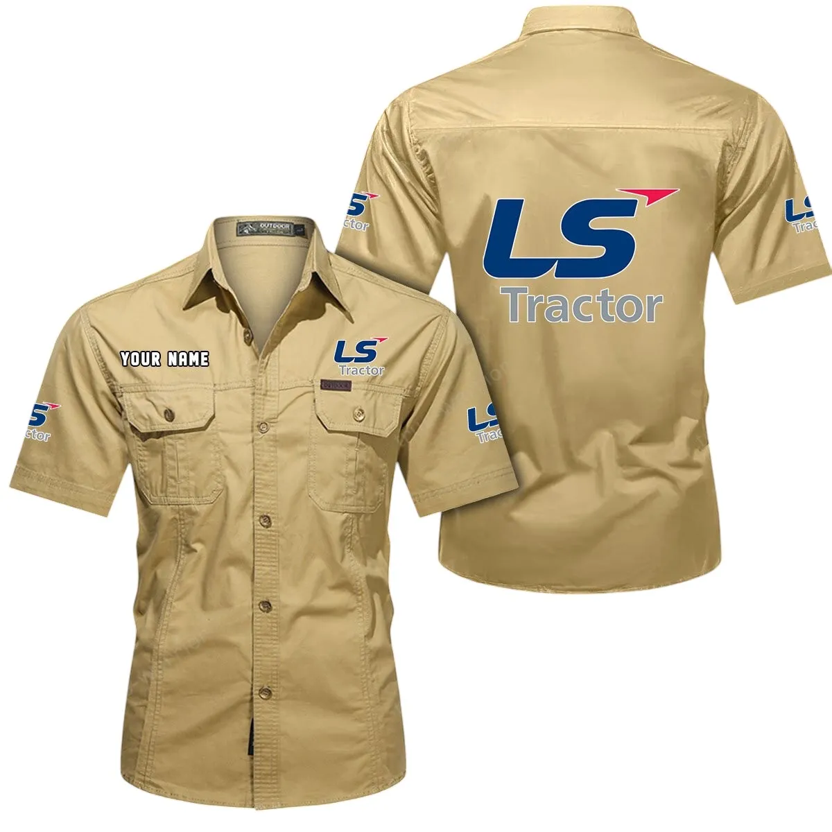 Tractor Lovers Gift Short Sleeved Shirt, Button Up Shirt Exclusive Logo For Car Owners CAR444052625898 - Khaki