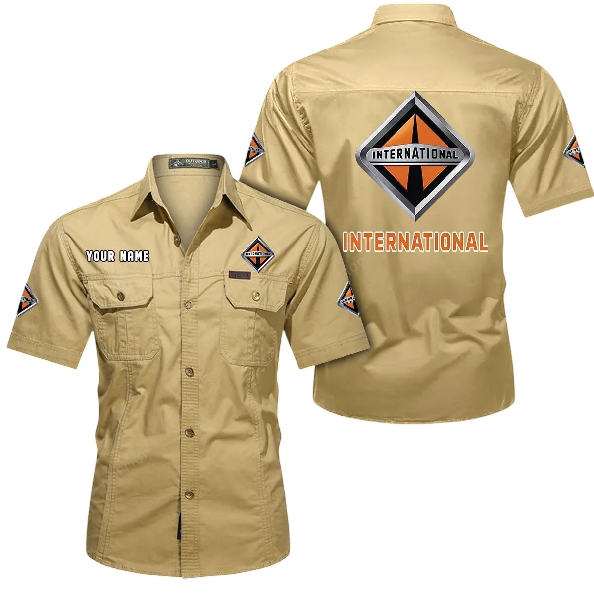 Tractor Lovers Gift Short Sleeved Shirt, Button Up Shirt Exclusive Logo For Car Owners CAR444052625908 - Khaki