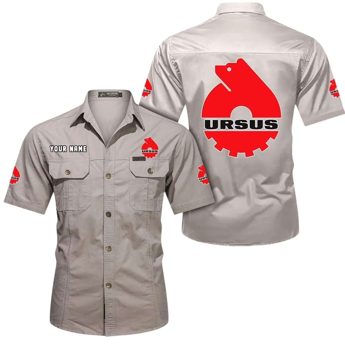 Tractor Lovers Gift Short Sleeved Shirt, Button Up Shirt Exclusive Logo For Car Owners CAR444052625928 - Beige