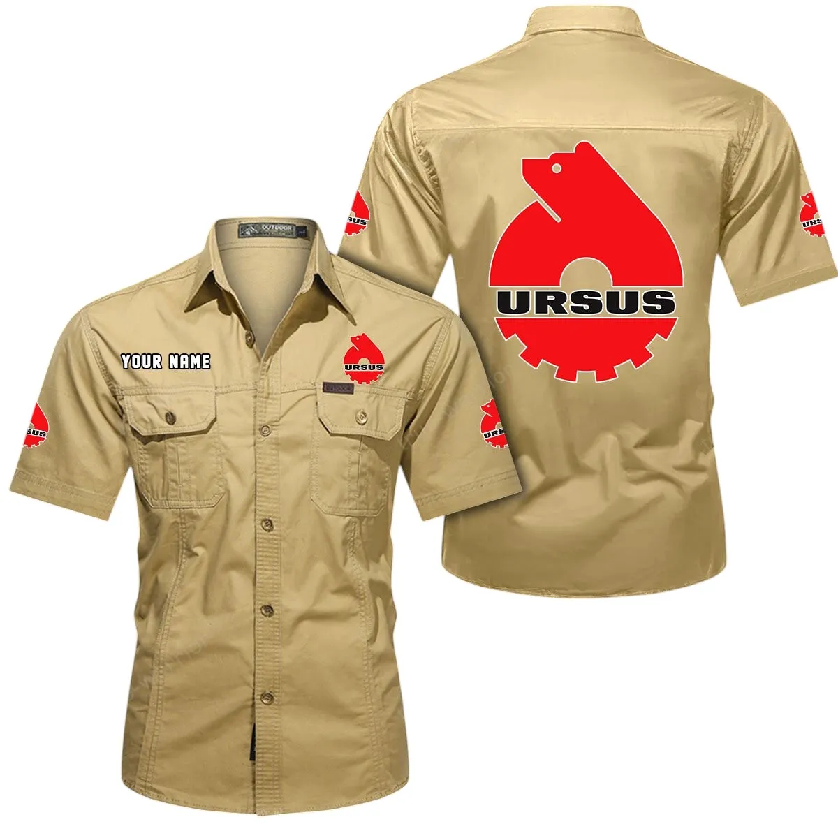 Tractor Lovers Gift Short Sleeved Shirt, Button Up Shirt Exclusive Logo For Car Owners CAR444052625928 - Khaki