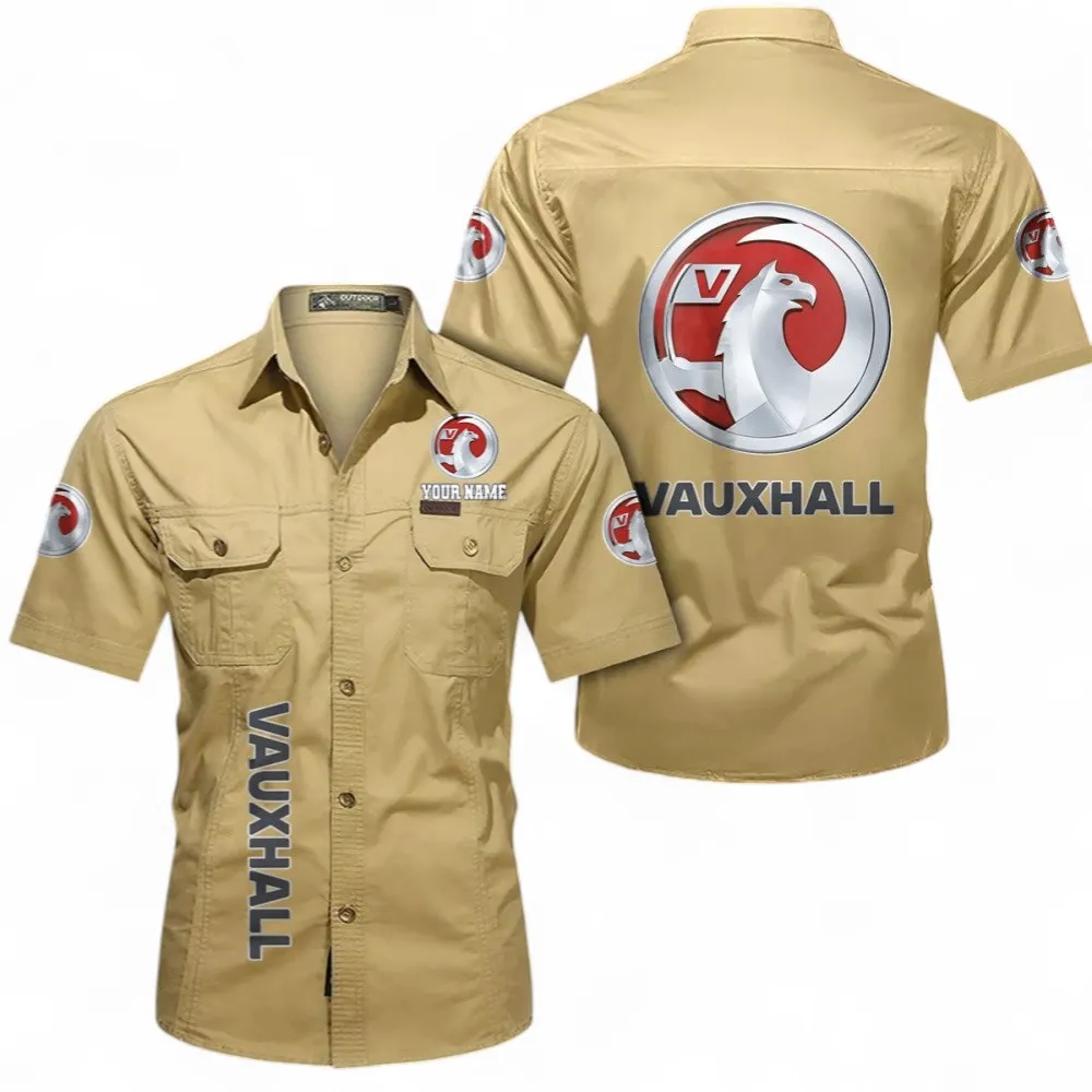 Tractor Short Sleeved Shirt, Button up Shirt Exclusive Logo For Car Owners, Custom Name CAR392072125840-Khaki