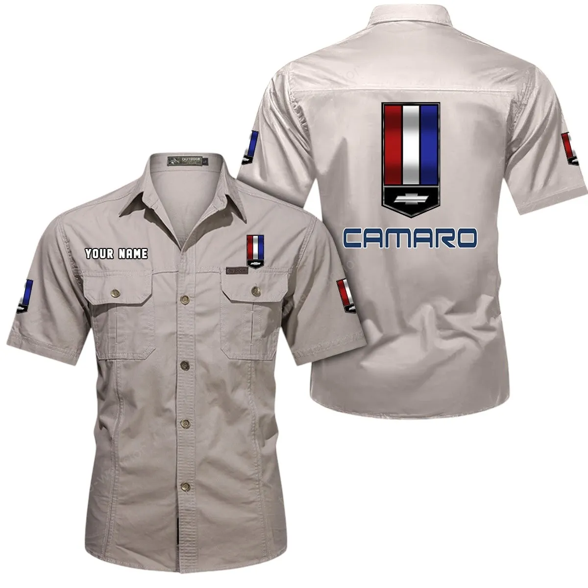 Vintage Car Lovers Gift Short Sleeved Shirt, Button Up Shirt Exclusive Logo For Car Owners CAR444052625838 - Beige