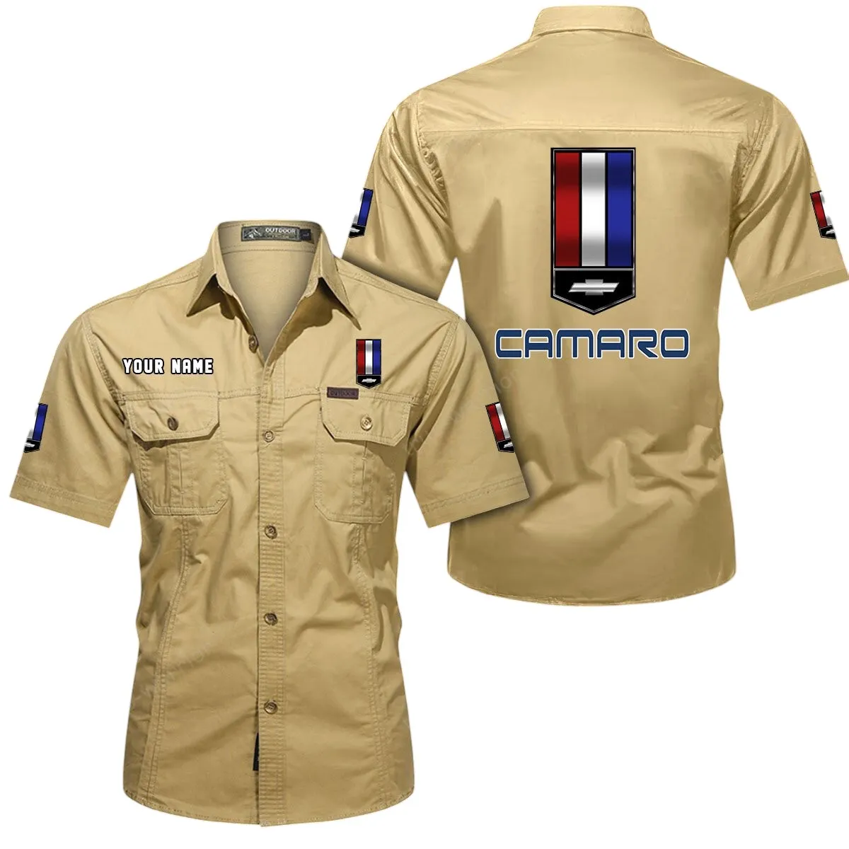 Vintage Car Lovers Gift Short Sleeved Shirt, Button Up Shirt Exclusive Logo For Car Owners CAR444052625838 - Khaki