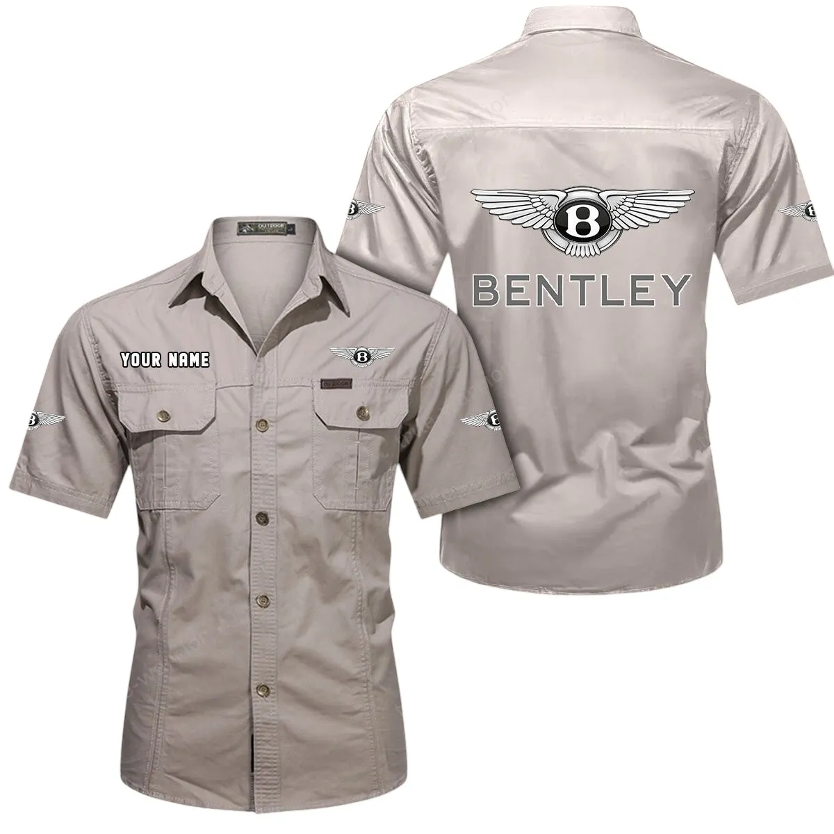 Vintage Car Lovers Gift Short Sleeved Shirt, Button Up Shirt Exclusive Logo For Car Owners CAR444052625843 - Beige