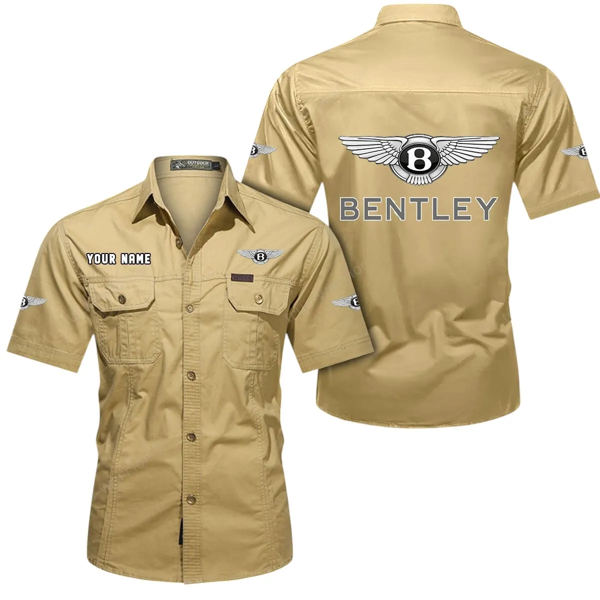 Vintage Car Lovers Gift Short Sleeved Shirt, Button Up Shirt Exclusive Logo For Car Owners CAR444052625843 - Khaki
