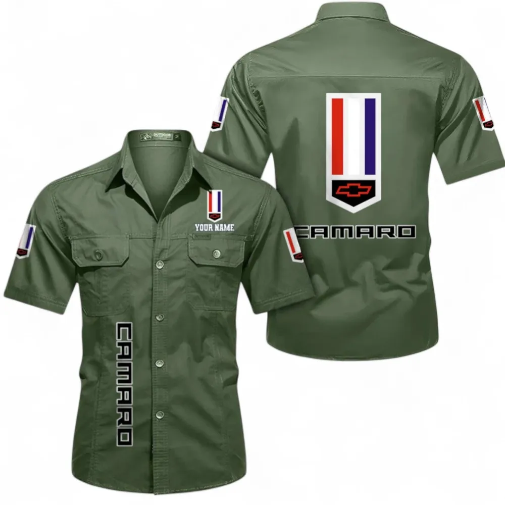 Vintage Car Short Sleeved Shirt, Button up Shirt Exclusive Logo For Car Owners, Custom Name CAR392072125817-Army Green