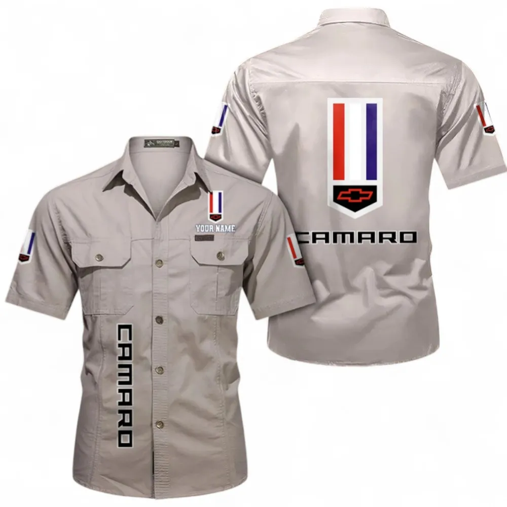 Vintage Car Short Sleeved Shirt, Button up Shirt Exclusive Logo For Car Owners, Custom Name CAR392072125817-Beige