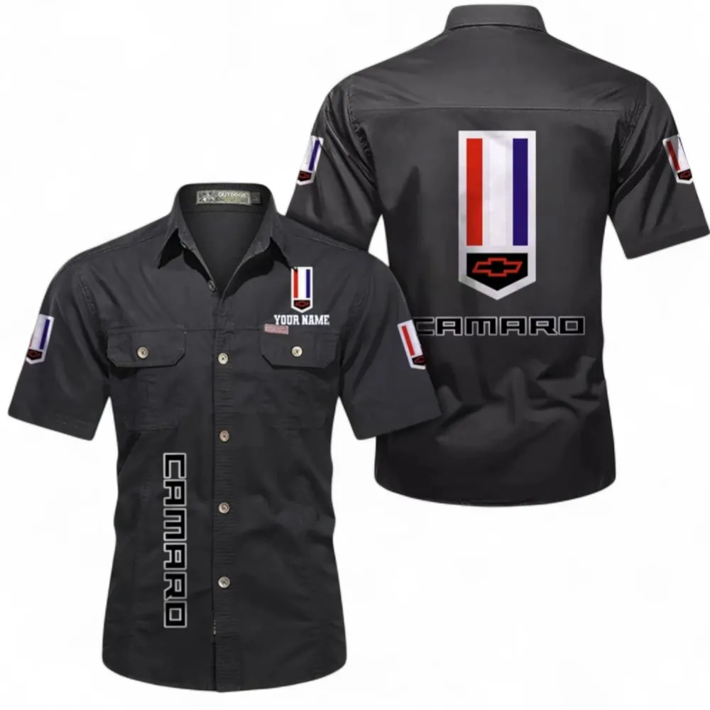 Vintage Car Short Sleeved Shirt, Button up Shirt Exclusive Logo For Car Owners, Custom Name CAR392072125817-Black