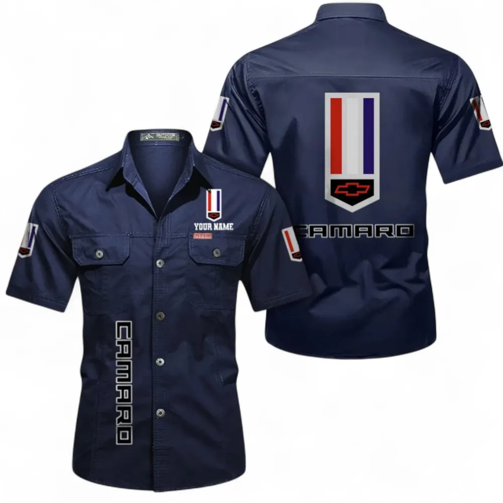 Vintage Car Short Sleeved Shirt, Button up Shirt Exclusive Logo For Car Owners, Custom Name CAR392072125817-Dark Blue