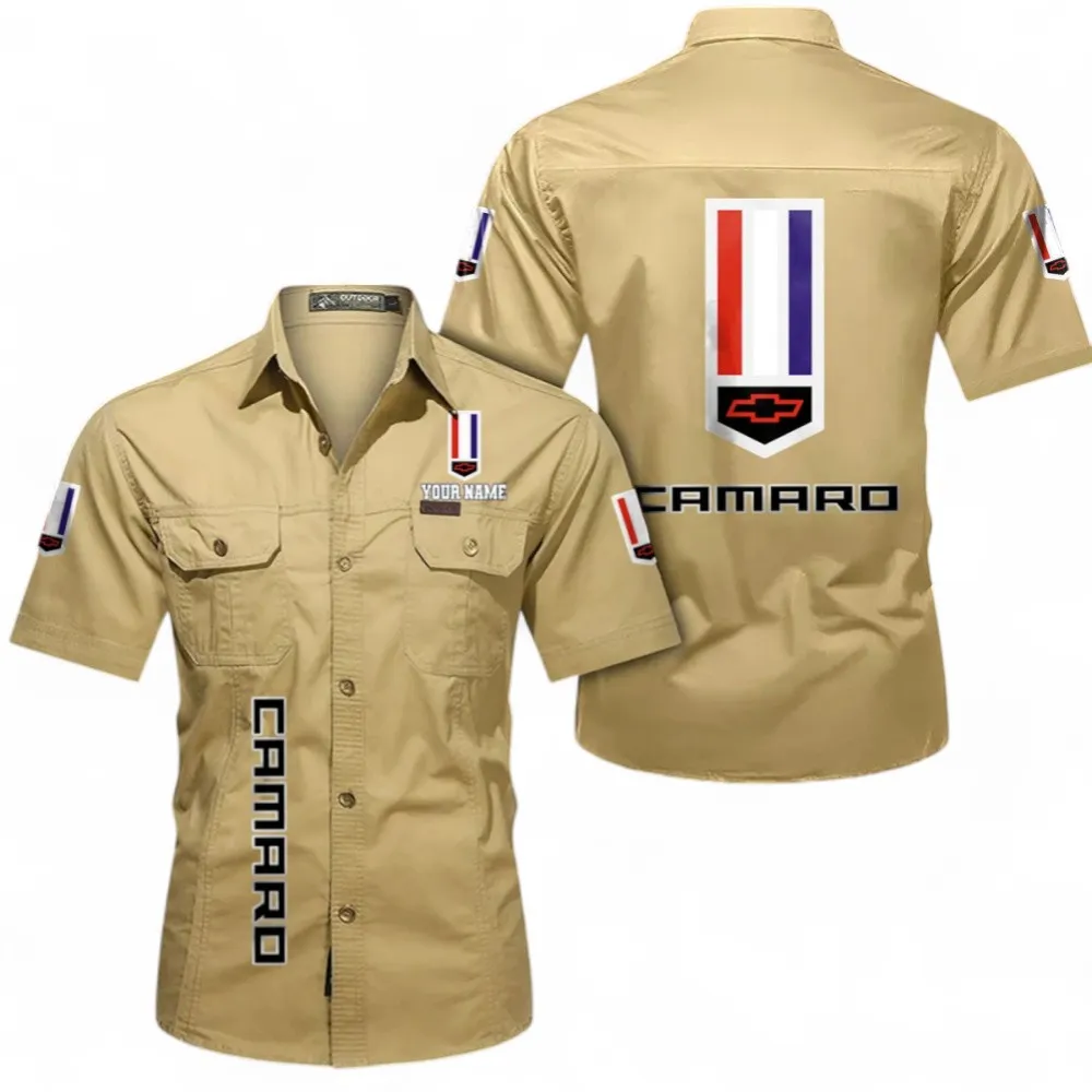 Vintage Car Short Sleeved Shirt, Button up Shirt Exclusive Logo For Car Owners, Custom Name CAR392072125817-Khaki