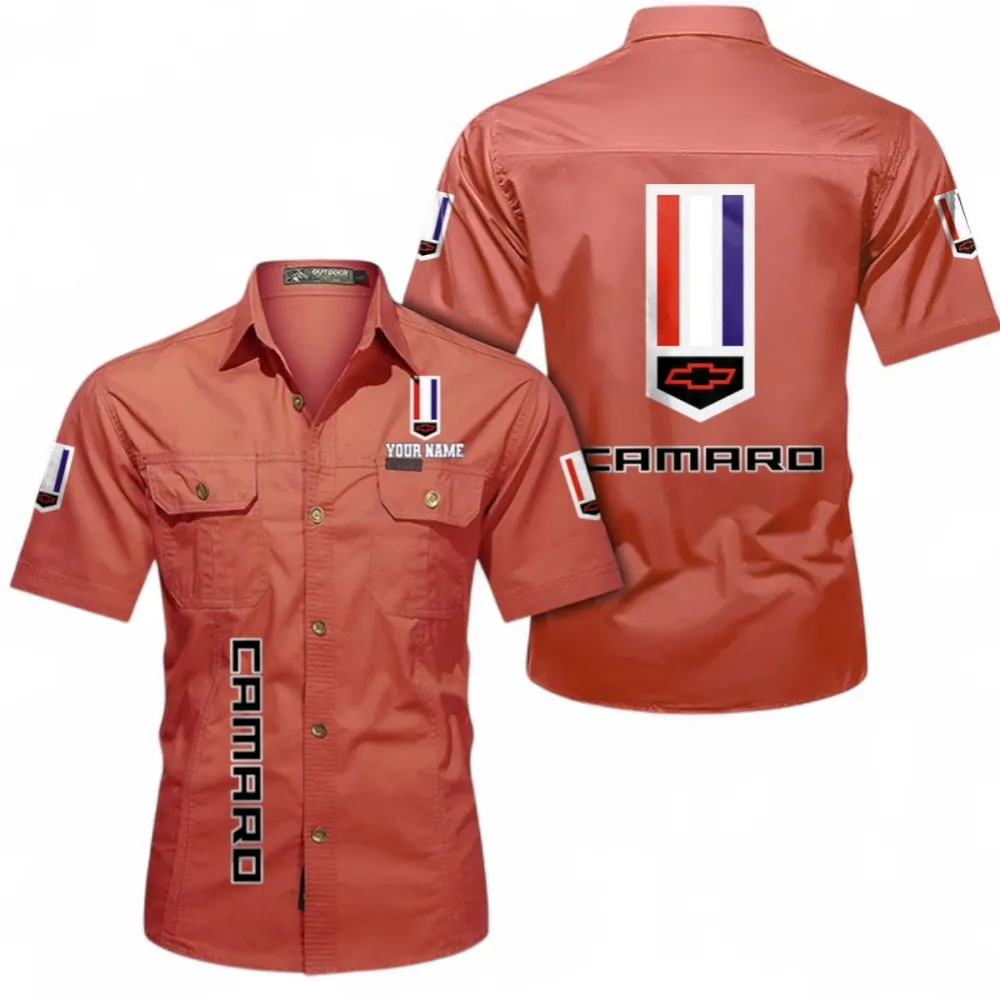 Vintage Car Short Sleeved Shirt, Button up Shirt Exclusive Logo For Car Owners, Custom Name CAR392072125817-Red