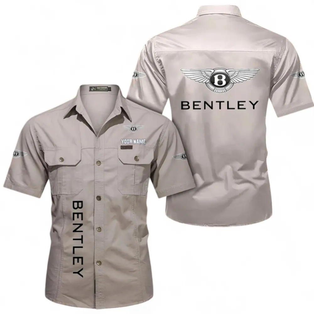 Vintage Car Short Sleeved Shirt, Button up Shirt Exclusive Logo For Car Owners, Custom Name CAR392072125831-Beige
