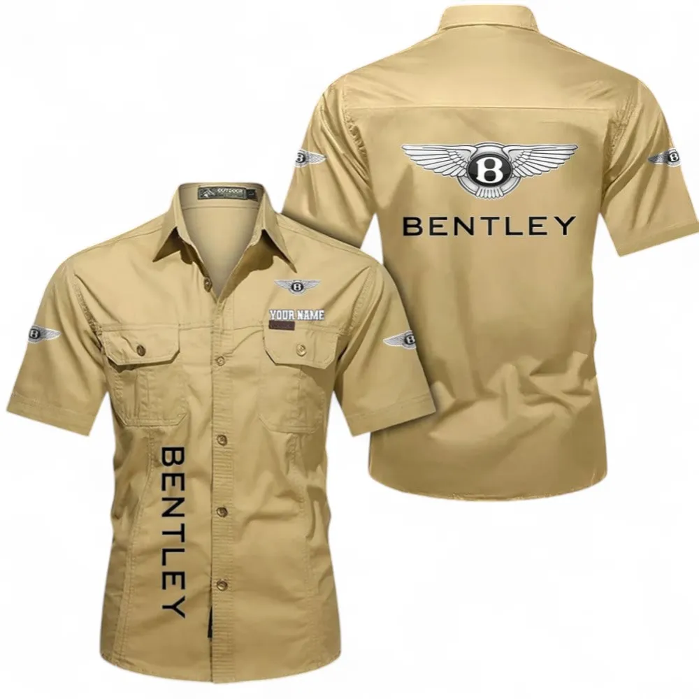 Vintage Car Short Sleeved Shirt, Button up Shirt Exclusive Logo For Car Owners, Custom Name CAR392072125831-Khaki
