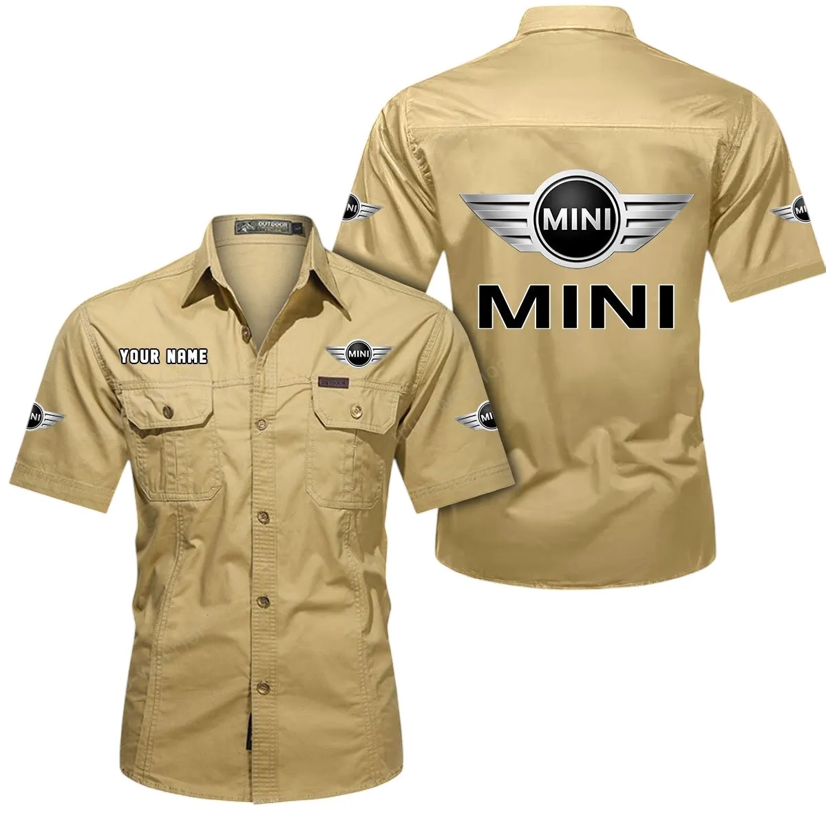Vintage City Car Lovers Gift Short Sleeved Shirt, Button Up Shirt Exclusive Logo For Car Owners CAR444052625783 - Khaki