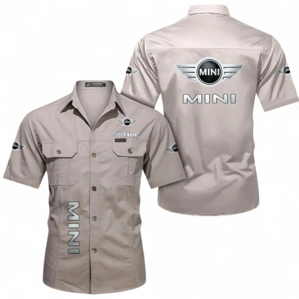 Vintage City Car Short Sleeved Shirt, Button up Shirt Exclusive Logo For Car Owners, Custom Name CAR392072125821-Beige