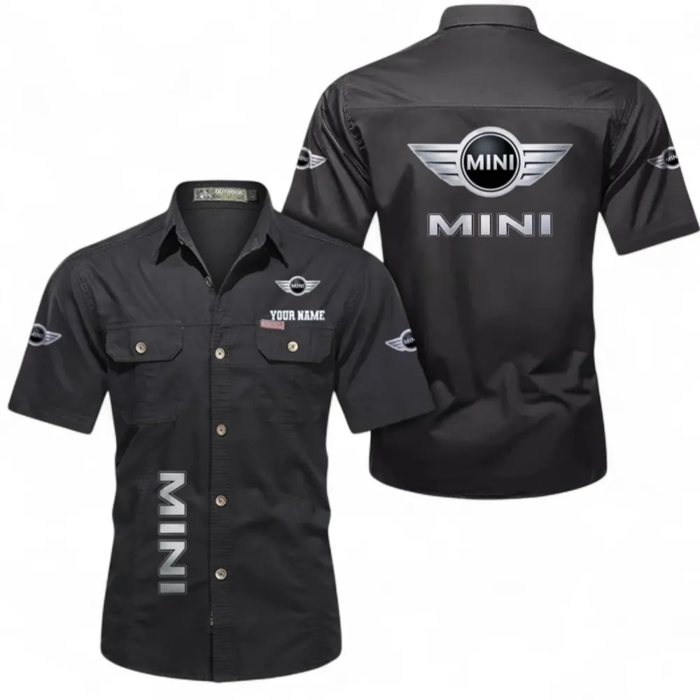 Vintage City Car Short Sleeved Shirt, Button up Shirt Exclusive Logo For Car Owners, Custom Name CAR392072125821-Black