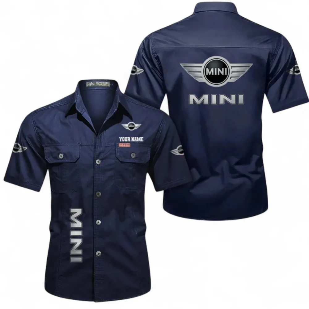 Vintage City Car Short Sleeved Shirt, Button up Shirt Exclusive Logo For Car Owners, Custom Name CAR392072125821-Dark Blue