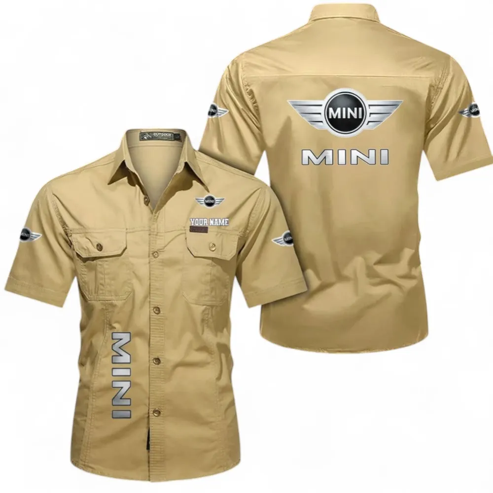 Vintage City Car Short Sleeved Shirt, Button up Shirt Exclusive Logo For Car Owners, Custom Name CAR392072125821-Khaki