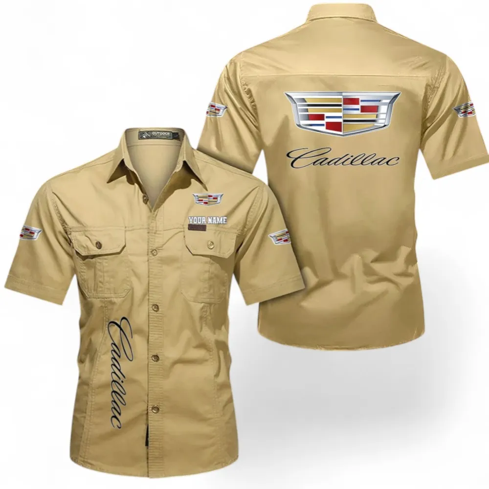 Vintage Old Car Short Sleeved Shirt, Button up Shirt Exclusive Logo For Car Owners, Custom Name CAR392072125825-Khaki